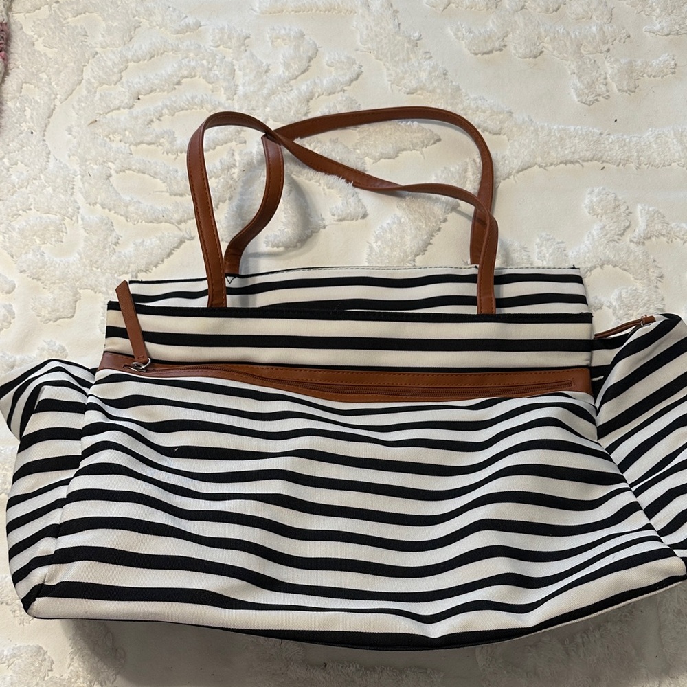 DSW Black and White Striped Tote with Brown Straps